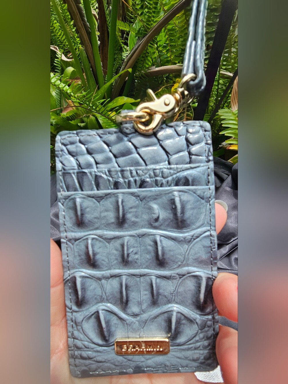 Brahmin Sawyer Lanyard Card Holder Stonewash Melbourne Croc Embossed Leather